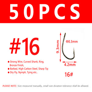 Bimoo 50pcs Fly Fishing Dry Fly Hook Standard Wire Nymph Curved Hook Bronze Finish Small Fly Lures Tying Material 12 14 16 18 20