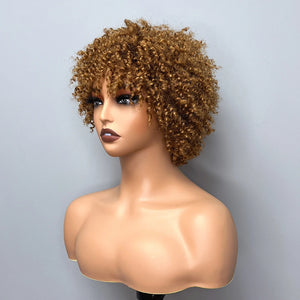 Short Curly Wig With Bangs Wear And Go Glueless Human Hair Afro Kinky Curly Brazilian Remy Brown Highlight Full Machine Made Wig